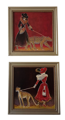 Set Of 2 Karen Dupré Woman Walking Cheetah Signed Art Framed