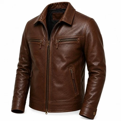 Men's Brown Genuine Leather Jacket - Vintage Style, Moto Rider Coat image 3