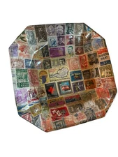 Large Vintage Glass Ashtray Filled With Various Stamps!