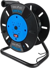 Heavy Duty Extension Cord Storage Reel, 4 Grounded Outlets, 10A Circuit Breaker,