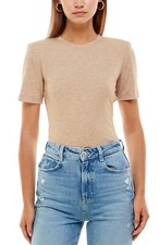 WAYF Women's Skye Padded Shoulder Short Sleeve Bodysuit Sand Beige Top Size XS