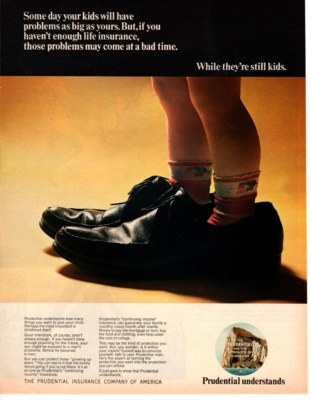 1968 PRUDENTIAL INSURANCE COMPANY PRINT AD, KID IN DADS SHOES