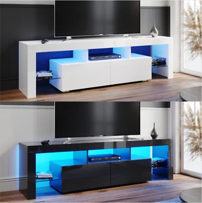 160cm TV Unit Cabinet Stand with LED Light White Black High Gloss Doors Storage