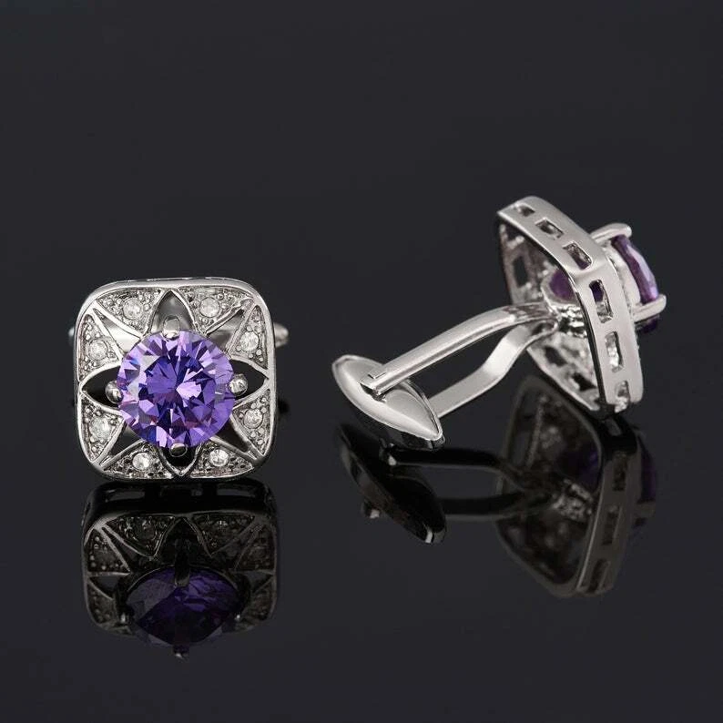 Beautiful Edwardian Vintage Style Light Purple Sapphire & Round Cut CZ Cufflinks - Image 3 of 4