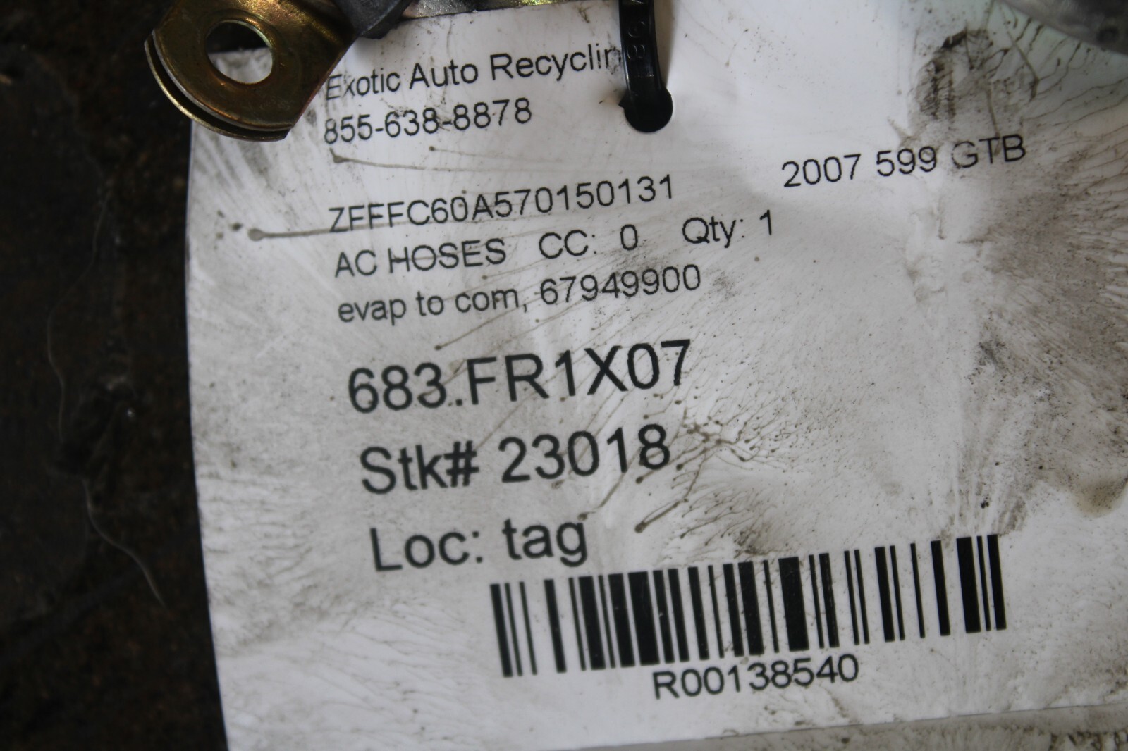 Ferrari 599 GTB, AC Evaporator to Compressor Hose, Used, P/N 67949900
