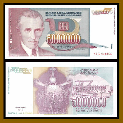 Yugoslavia 5 Million Dinara, 1993 P-121 Tesla Unc | eBay