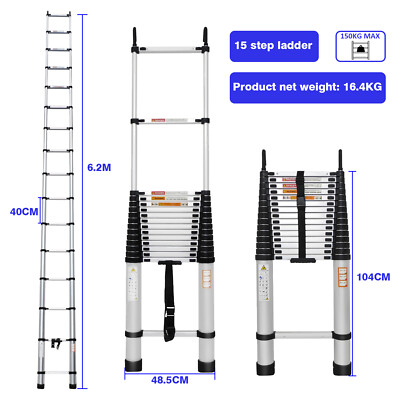 3-6M Aluminum Telescoping Ladder Lightweight with 2 Detachable Roof Hooks EN131