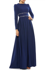 Ieena for Mac Duggal Long Sleeve Empire Waist Evening Gown Midnight Blue Sz 16