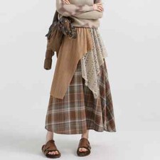 Women Vintage Plaid Skirt Elastic Waist Irregular Patchwork Skirt A-line