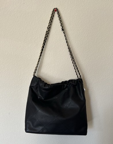Matte Black Quilted Leather 22 Gathered Hobo Chain Tote w/ Gold Hardware - Picture 14 of 14