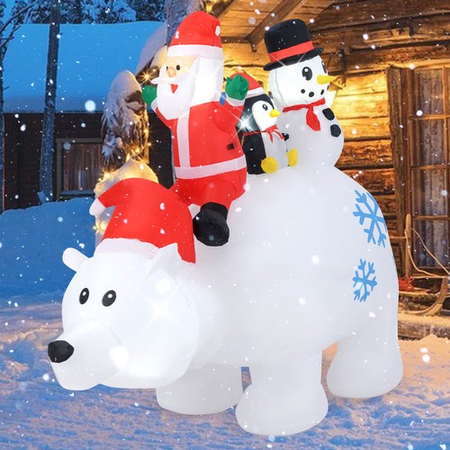 6 ' Christmas Inflatable Animated Santa Penguin & Snowman Riding Polar Bear - 第 1/8 張圖片