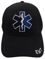 Men's BLACK Embroidered Star of Life EMS EMT Logo Deluxe Low Profile Cap Hat