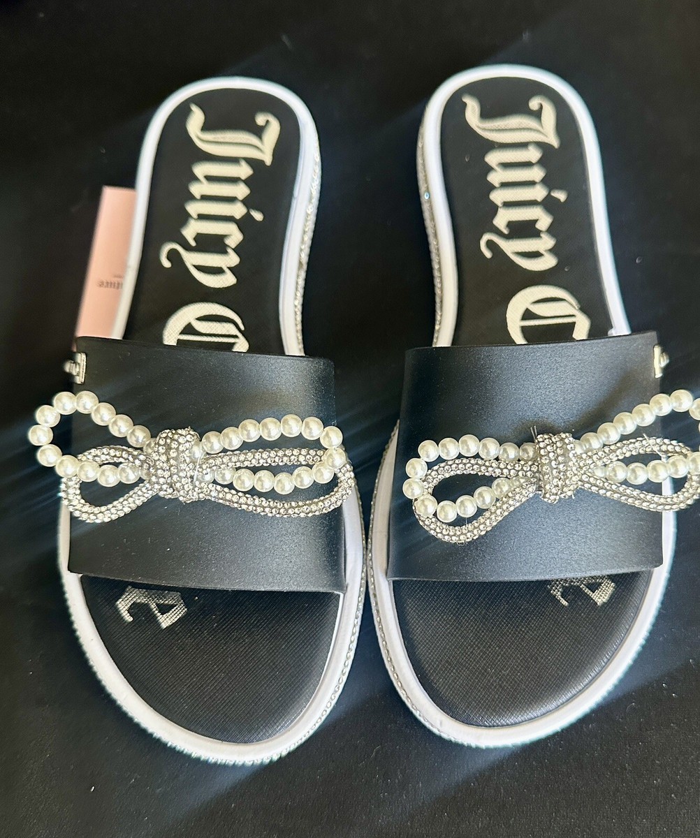 Juicy Couture Sliders/ Sandals Black/ Pearl/ Crystal Bow Size 7 | eBay