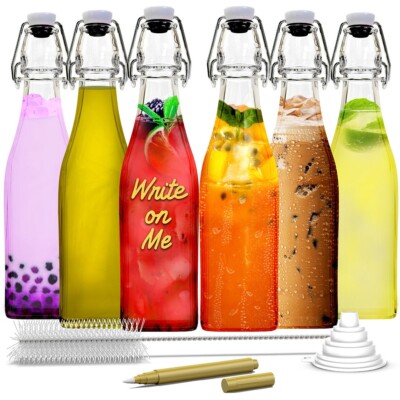 Nevlers 17 oz Square Swing Top Glass Bottles (Pack of 6) | Includes Funnel, Brus