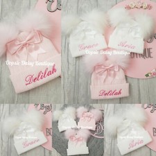 Personalised Hats Baby Girls Knitted Pom Pom Hats 0-6yrs