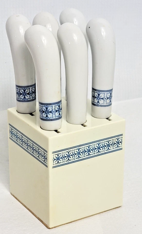 Juego de 6 esparcidores de queso/mantequilla vintage con bloque de cerámica blanca y azul Foto 2 de 4