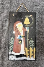 Santa Saint Nick Painted Slate Wall Hanger  14" x 8" Heavy Leather Hanger Night