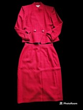 Christian Dior Vintage Houndstooth Red Plaid Pure Wool Skirt Suit Set Size 8