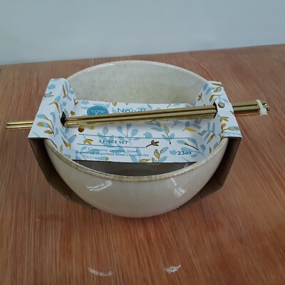 Core Kitchen Beige-Sand Ramen Noodle Bowl & Stainless Chopsticks in Gold 23 oz