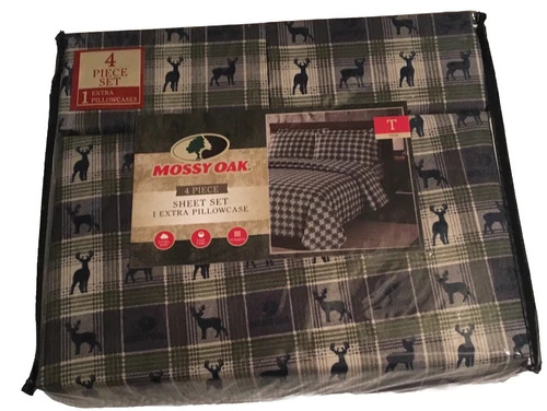 MOSSY OAK 4 Pc DEER PLAID TWIN SHEET SET 1 EX PILLOWCASES Green/Gray NEW