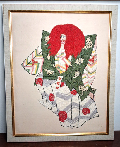 VTG Japanese BUNKA SHISHU Kabuki Dancer PUNCH NEEDLE 22 x 18 Finished Embroidery
