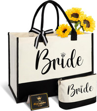 Bride Gifts Canvas Tote Bag with Makeup Bag, Wedding Gifts for Bridal Shower Bac