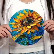 1pc Round Aluminum Drawing Board 8x8 Inch - Abstract Sunflower Oil Painting with