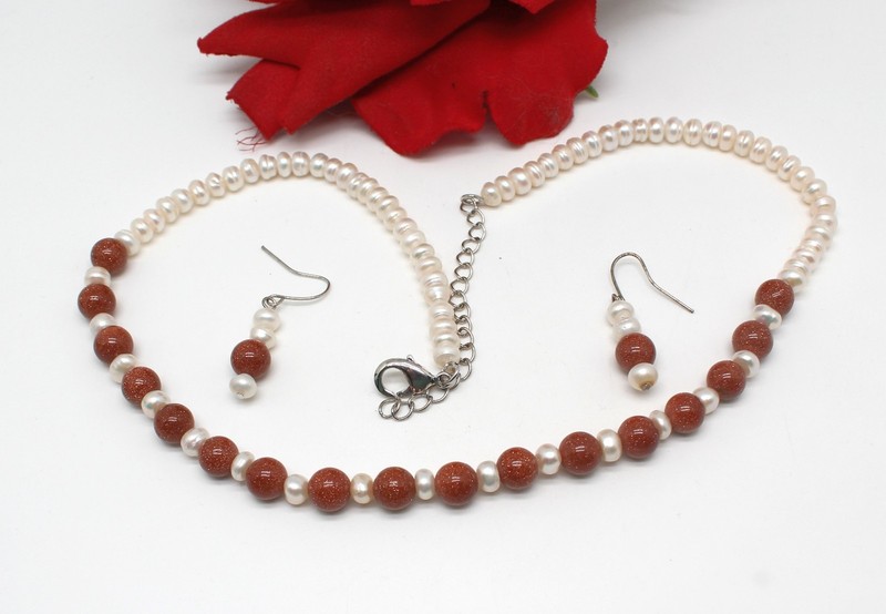 Cultured Pearl & Goldstone Beaded Necklace Earrings Set  CAT RESCUE