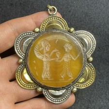 Old Roman Agate Intaglio Stone Stunning Brass Large Amulet Pendant