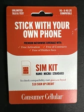 NEW Sealed Consumer Cellular SIM Kit Nano Micro Standard Unlimited Talk Text