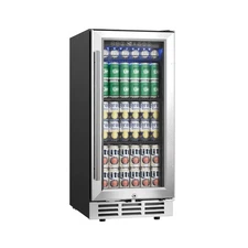 15-Inch Under Counter Beverage Refrigerator with Glass Door & LED Light