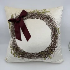 Eastern Accents- Studio 773- Hand Painted Wreath Pillow white w/Red Bow 22x22” 