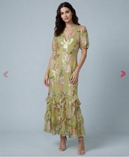 ASOS Sz 12 Maxi Green Floral Chiffon Ruffle Metallic Wedding Whimsy Romantic