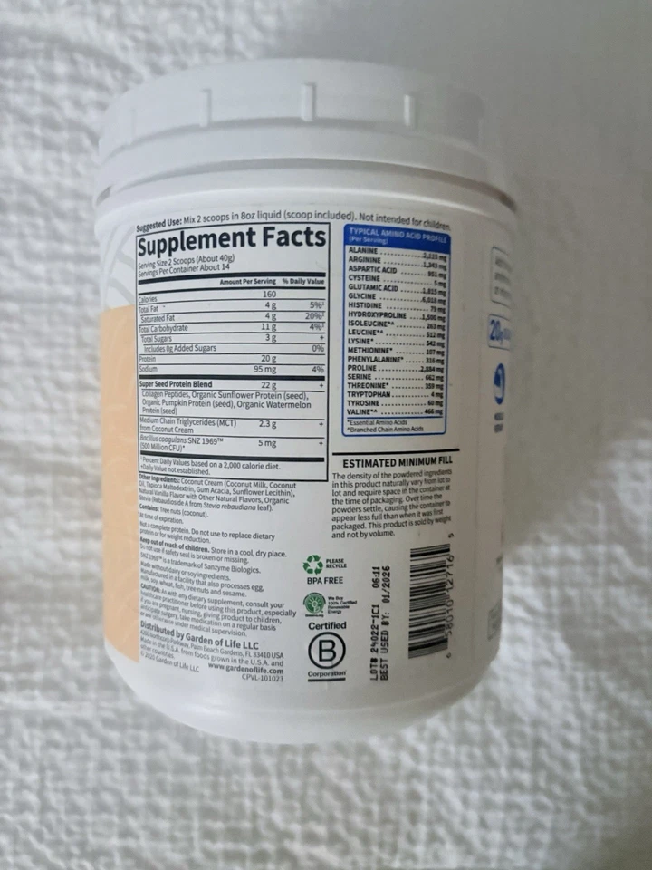 Proteína en polvo de colágeno alimentada con pasto Garden of Life - vainilla, 1 lb - exp. 01/26 Foto 2 de 4