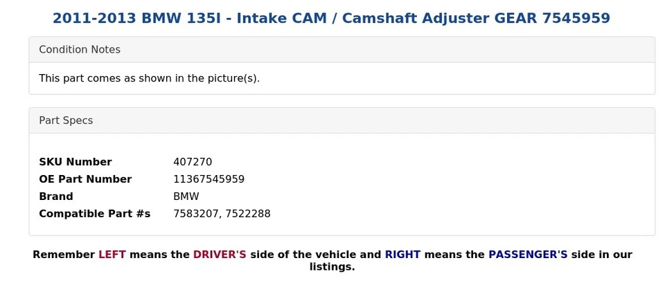BMW 135I 2011-2013 - Cámara de admisión / Ajuste del árbol de levas engranaje 7545959 Foto 3 de 3