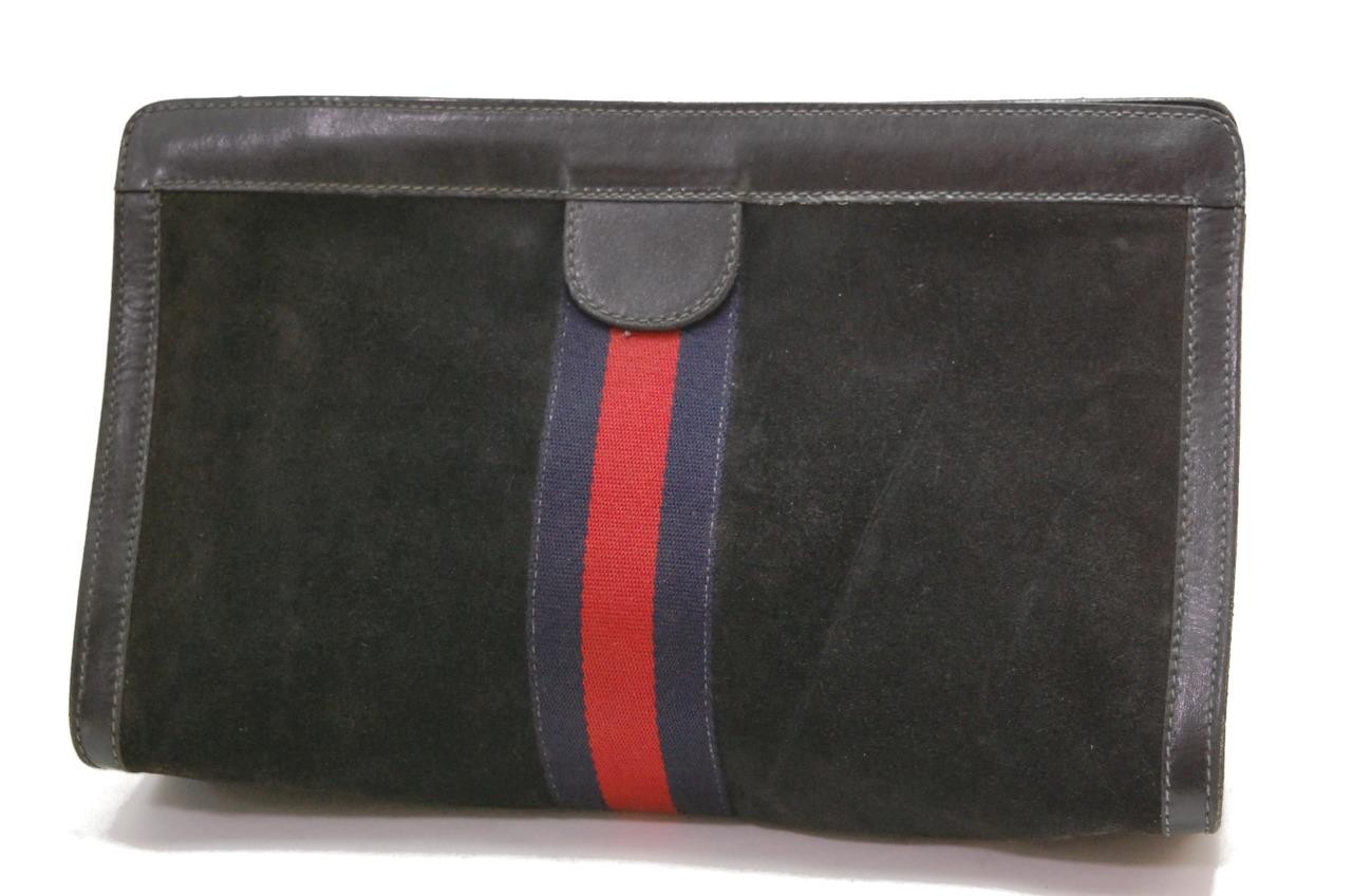 Auth GUCCI Suede Sherry Line Clutch Bag Pouch Black 0414a