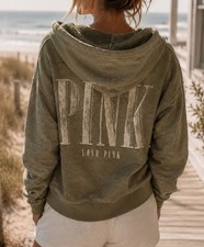Victorias Secret Pink Vintage Style Full Zip Olive Logo Hoodie Jacket Medium
