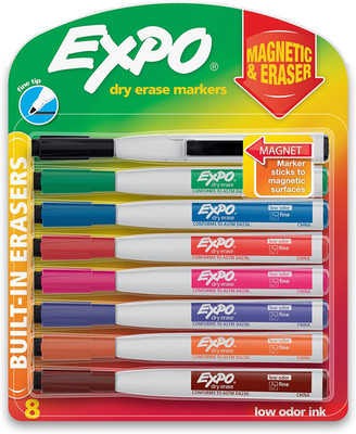 Expo Magnetic Dry Erase Markers with Eraser, Fine Tip, Assorted, 8 Count