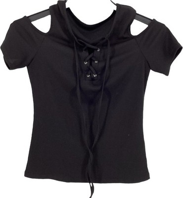Black Knit Cold Shoulder Slit Sleeve Round Neck Lace Up Blouse biker style 