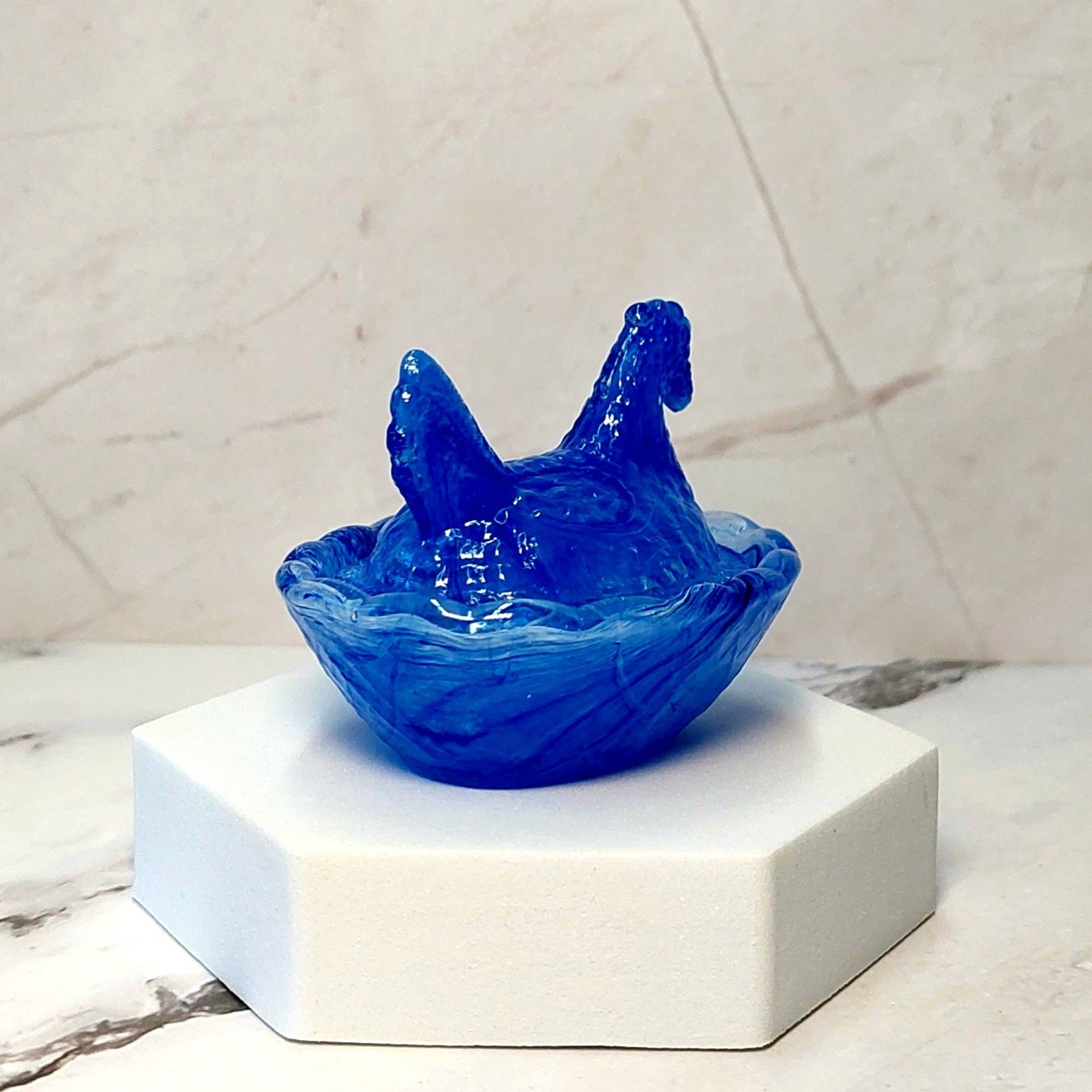 Blue Cream Swirl Hen on Nest Chicken Salt Dish, Depression Style Glass, Vintage