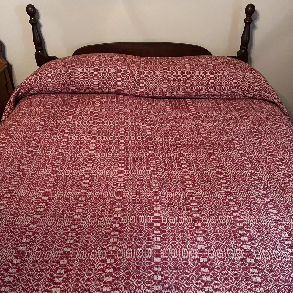 New Primitive Colonial Style WOVEN RED QUEEN COVERLET Bedspread Cover - Image 2 of 2