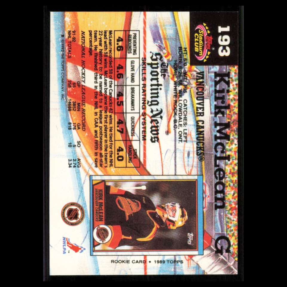 Kirk McLean #193 1992 Stadium Club Vancouver Canucks Hockey Card NHL NM - Image 2 of 3