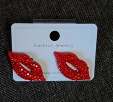Red Rhinestones Open heart Lips Post Back Stud Earrings