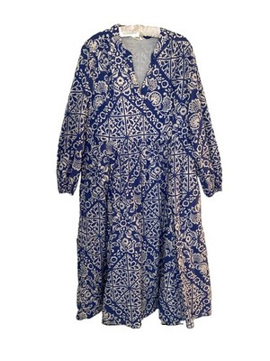 Boden SZ 20-22R Blue White Floral cotton Maxi Dress lined Long Sleeve   EUC