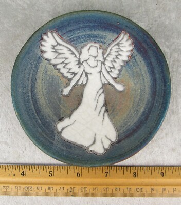 Jeremy Diller Round Raku Pottery Angel Plaque Signed 5-1/2 inch Diameter