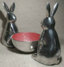 Metal Bunny Rabbit Figurine Holding Bowl Easter Pink Glazed Lined Centerpiece