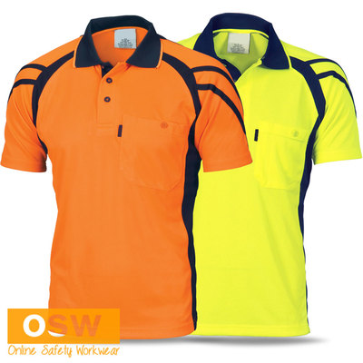 Hi Vis Tradie Short Sleeve Dry Breathable Stripe Panel Work Polo Shirt ...