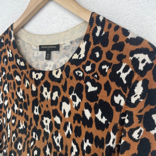 BANANA REPUBLIC Sweater Womens M Leopard Crewneck Jumper Cotton Viscose Brown - Picture 5 of 12