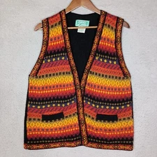 Sidrik's Cardigan Vest Women's L? (40" Chest) Black Orange Ikat Alpaca Knit Boho