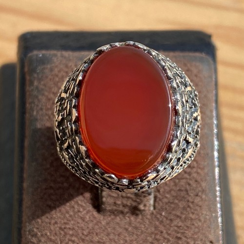 flate handmade 925 Sterling Silver Men's Ring with natural red Yemen Agate aqeeq - Picture 8 of 10